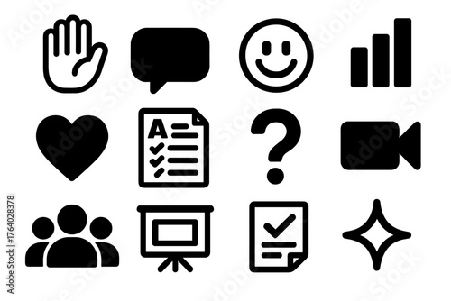 Interactive Virtual Lectures silhouette set: hand raise, chat bubble, emoji, poll icon, reaction heart, quiz sheet, question mark, video icon, group avatar, presentation slide,