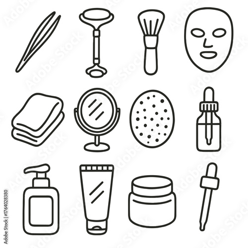 Facial Care Tools set of icons in doodle hand-drawn vector style: tweezers, face roller, brush, LED mask, towel, mirror, sponge, serum bottle, dropper, cleanser, exfoliator, lotion