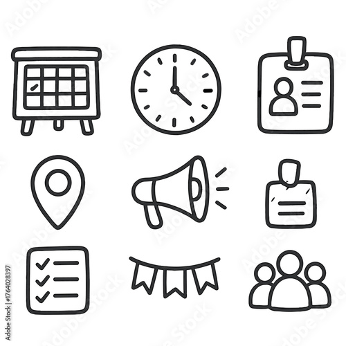 Event Organization set of icons in doodle hand-drawn vector style: schedule board, clock, location pin, name tag, checklist, megaphone, banner flag, people group.