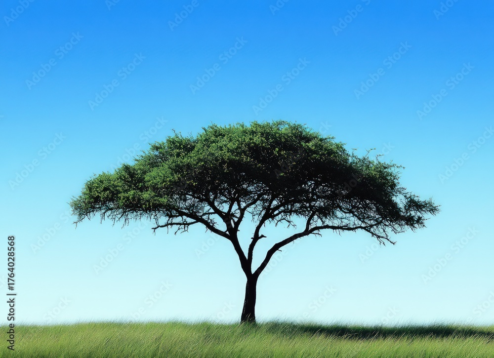 Fototapeta premium Lone acacia tree in lush green grass under blue sky