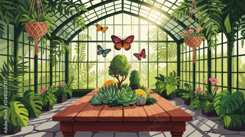 Sunlit Botanical Greenhouse Interior With Lush Tropical Plants, Succulents, Butterflies, and Hanging Baskets - Vector Illustration