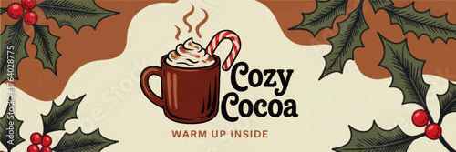 Cozy Hot Cocoa Christmas Illustration with Whipped Cream, Candy Cane, Holly Leaves, and Warm Holiday Theme for Seasonal Designs