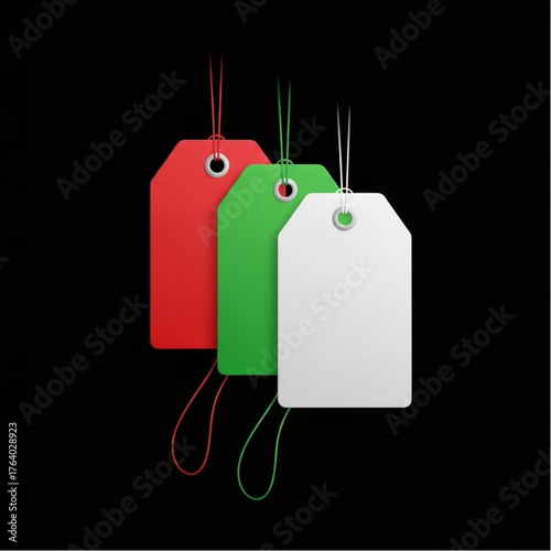 Three colorful tags hanging against a black backdrop. The scene evokes a sense of anticipation and the potential for personalization, alluding to the value of identity and information. 