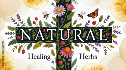 Natural Healing Herbs Botanical Illustration with Wildflowers, Bees, and Butterflies on Transparent Background for Organic Wellness