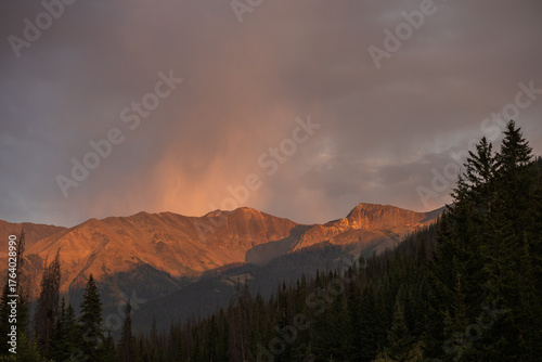 Twilight rain over distant mountains