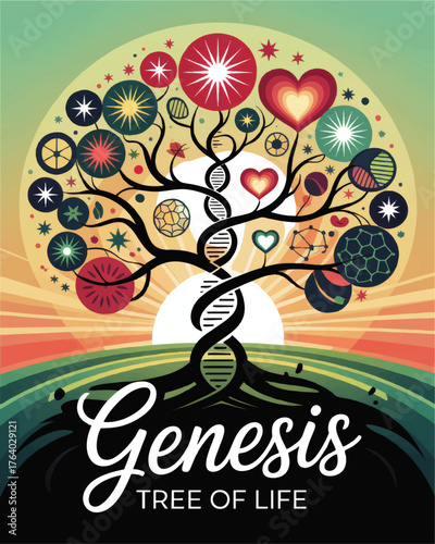 Vibrant Genesis Tree of Life Illustration with DNA Helix, Heart, Stars, and Scientific Symbols on Colorful Sunrise Background