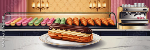 Delicious Chocolate Eclair on Plate in Elegant French Bakery with Colorful Macarons, Croissants, Coffee Machine, and Warm Lighting