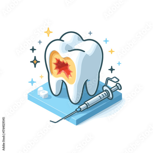Vector illustration of a tooth with a painful cavity and a dental syringe for anesthesia.