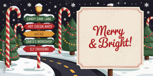 Festive Christmas Road Sign, Merry & Bright Message, Candy Cane Lane Illustration With Snow, Trees, Holiday Lights, And Winter Night Sky