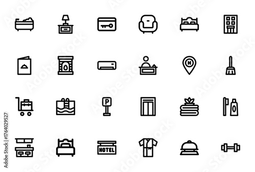 Hotel icon set. Vector illustration featuring Bathtu, Bed, Swimming Pool, Gymnsium, Receptionist, and moe hospitality symbols. Minmalist linear style.