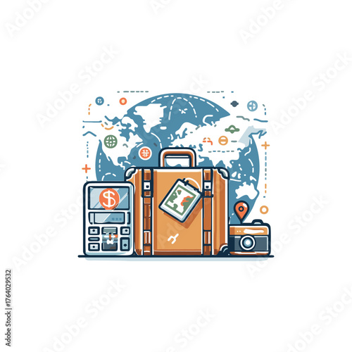 Travel illustration with suitcase, calculator, camera, and world map.