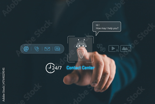 Futuristic AI chatbot concept with a human hand touching digital contact center icons, 24 hours a day and 7 days a week customer support, artificial intelligence technology and communication service