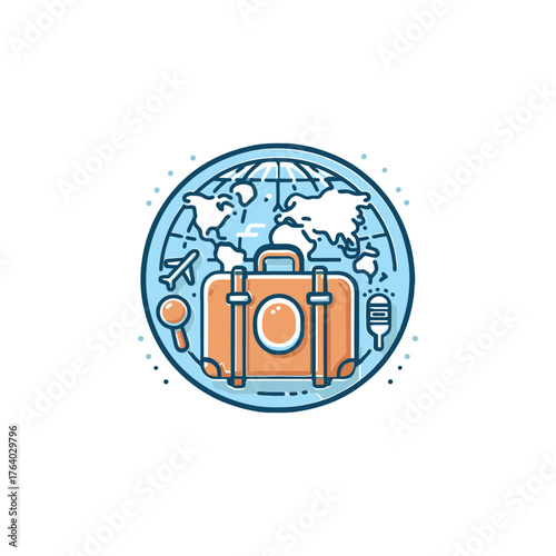 suitcase with travel-related icons around the world.