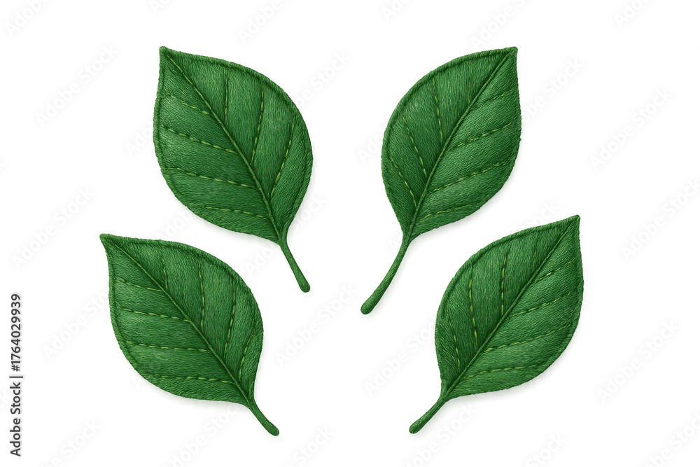 Fototapeta premium Green fabric leaves with embroidered veins in a natural textile craft style on transparent background
