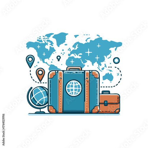 global travel with a suitcase, globe, and world map background.