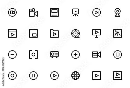 Video UI icon set. Minimal vector icons pack. Includs symbols for video camera movie, play, pause, recor, video call, video editor video player and more. Edtable stroke.