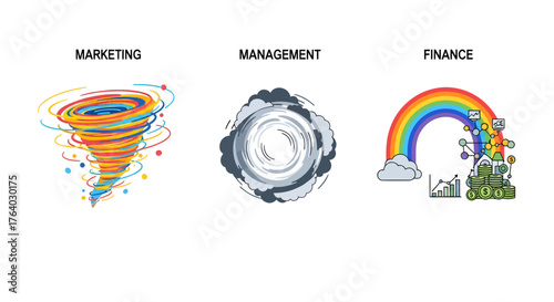 Conceptual illustrations representing various business operations, including dynamic marketing strategies, complex management challenges, and financial growth opportunities
