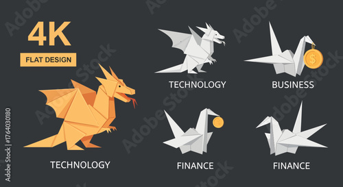 A collection of origami paper craft icons featuring dragons and cranes, symbolizing modern financial technology and business growth