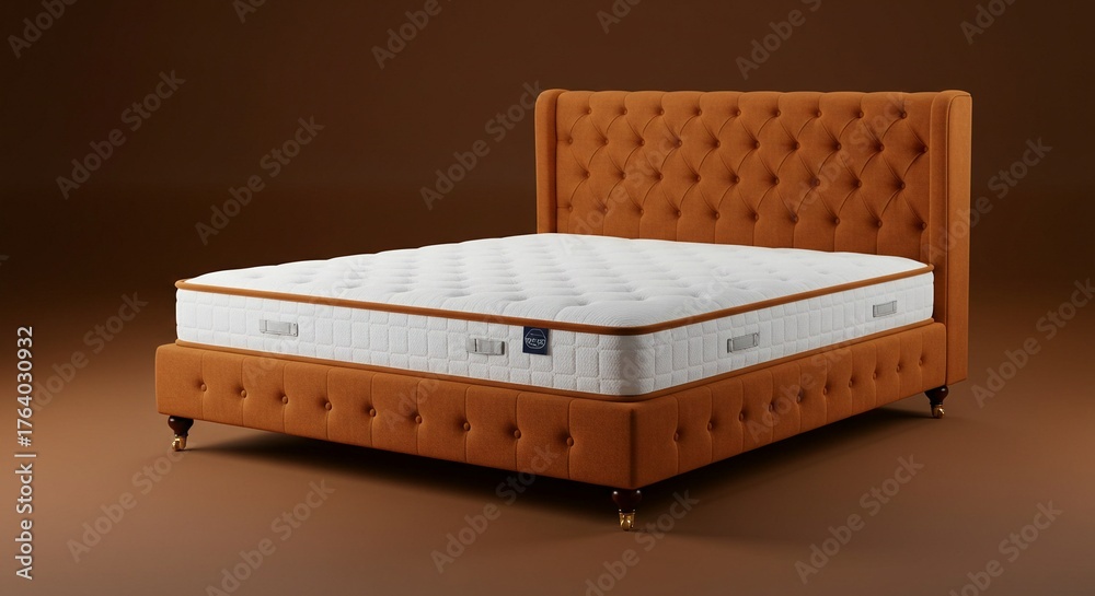 Fototapeta premium Elegant orange tufted bed frame with a white mattress, showcasing comfort and stylish bedroom furniture.