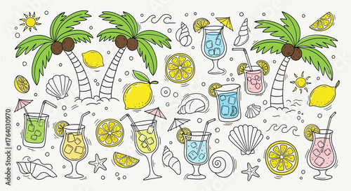 Vibrant summer doodle pattern with tropical elements and refreshing cocktails