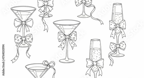 Elegant line art illustration of cocktail glasses and champagne flutes adorned with bows
