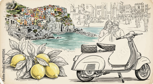Italian summer escape with picturesque cityscape, scooter, lemons and happy couple