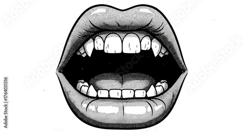 Retro black and white pop art vampire mouth with sharp fangs and open lips