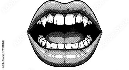 Stylized monochrome vampire mouth illustration with sharp fangs and halftone shading