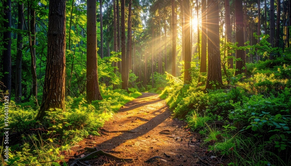 Naklejka premium Sunbeams Illuminate Forest Path Lush Greenery Sunlight Dappling Through Trees In Verdant Woodland At Sunrise