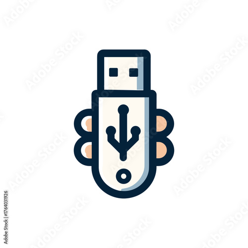 Stylized vector icon of a USB flash drive with the universal serial bus symbol for data storage.