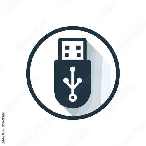 flat design icon of a dark blue USB flash drive with a long shadow, enclosed within a circular border.