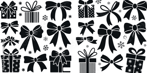 Gift box icons with ribbons, black silhouette present boxes, festive packaging symbols, celebration surprise design, birthday Christmas gift elements, vector holiday illustration collection 