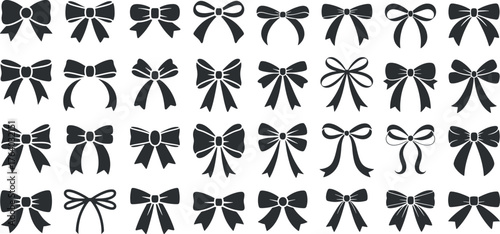 Elegant black bow ribbon glyph icons set – packaging, invitation, gift wrap, wedding and holiday decoration vector