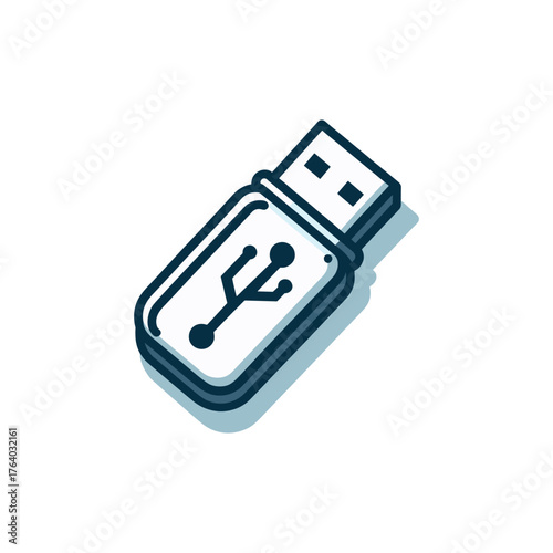 stylized illustration of a USB flash drive with the universal serial bus symbol.