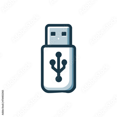 clean icon illustration of a USB flash drive with the universal serial bus symbol on its body, depicted with a dark outline and light blue shading on a white background.