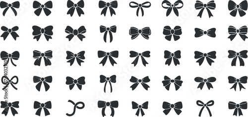 Bow ribbon black glyph set. Festive decoration, packaging, invitation elements for sale shopping Birthday Party, Valentine Day or Wedding design. Holiday anniversary surprise gift symbol
