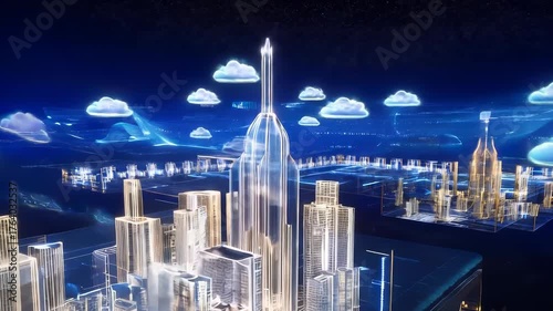 Futuristic Cityscape with Digital Clouds and Neon Architecture
