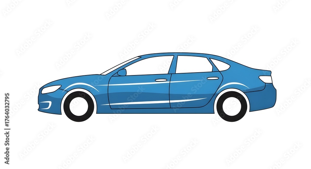 Fototapeta premium Blue Sedan Car Side View Isolated on White Background.