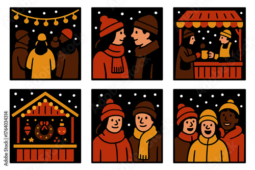 Christmas Market Cozy Crowds silhouette set: gathering under lights, cozy scarves, street vendors, glowing stalls, soft snow, cheerful people. , , High resolution, sharp