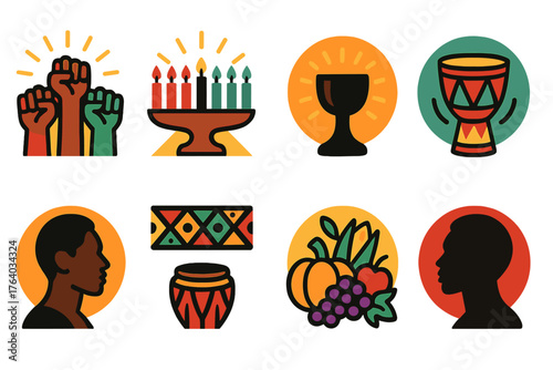 Kwanzaa Empowerment flat icons: raised hands, glowing kinara, unity cup, drum rhythm, African pattern, fruit harvest, radiant light, strong silhouettes. , , High resolution, sharp