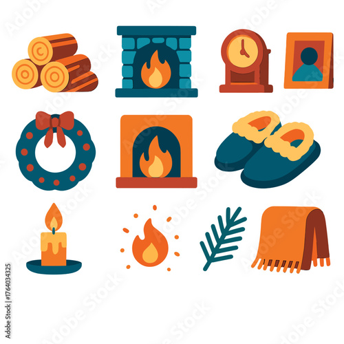 Winter Hearth flat icons: stacked firewood, stone fireplace, mantel clock, framed photo, slippers, warm rug, candlelight, wreath, ember glow, spark, pine branch, blanket. , , High