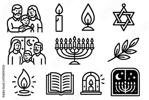 Hanukkah Family Lighting outline icon set: parents and child lighting menorah, candle flame, star ornament, smiling faces, window view, menorah table, olive branch, flame