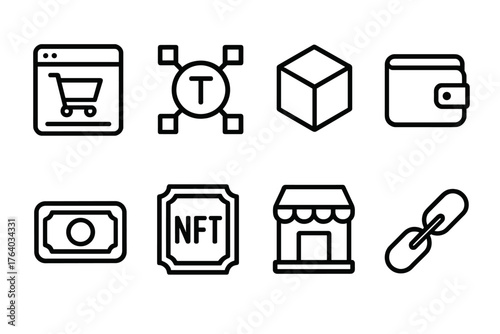Virtual Marketplace outline icon set: shopping screen, blockchain token, 3D cube, wallet icon, credit token, NFT collectible, online shop, data link. , , High resolution, sharp