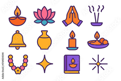 Diwali Prayers flat icons: diya lamp, lotus flower, prayer hands, incense sticks, temple bell, oil jar, candle flame, offering plate, flower garland, star, prayer book, light spark