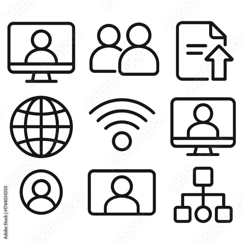 Virtual Collaboration outline icon set: computer monitor, team avatars, messaging app, file sharing, global map, wireless signal, video conference, workflow chart. , , High