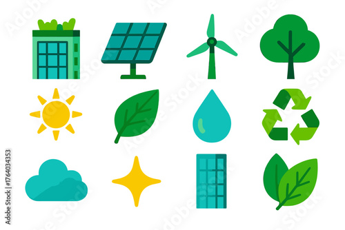 Green Architecture flat icons: building, rooftop garden, solar panel, wind turbine, tree, sun, leaf, water droplet, glass facade, recycling symbol, cloud, spark. , , High