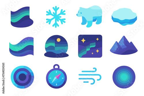 Polar Lights Icons flat isometric set: aurora curve, snowflake, polar bear, ice field, glowing wave, winter night, starlit sky, mountain outline, arctic circle, compass, cold air