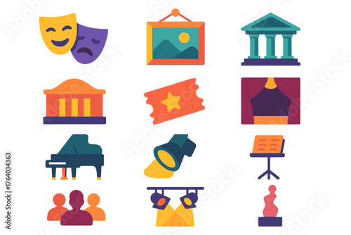 Cultural Venue Set flat icons: theater masks, gallery frame, museum building, concert hall, ticket stub, curtain, piano, spotlight, orchestra stand, art sculpture, crowd silhouette