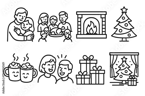 Christmas Togetherness outline icon set: family embrace, shared meal, glowing fireplace, decorated tree, hot cocoa mugs, laughter, wrapped gifts, cozy room. , , High resolution,