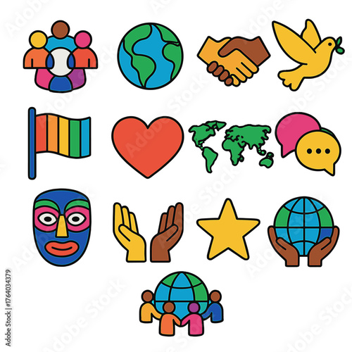 Multiculturalism flat isometric set: people circle, globe, handshake, peace dove, flag, heart, world map, speech bubble, cultural mask, open hands, star, globe unity.